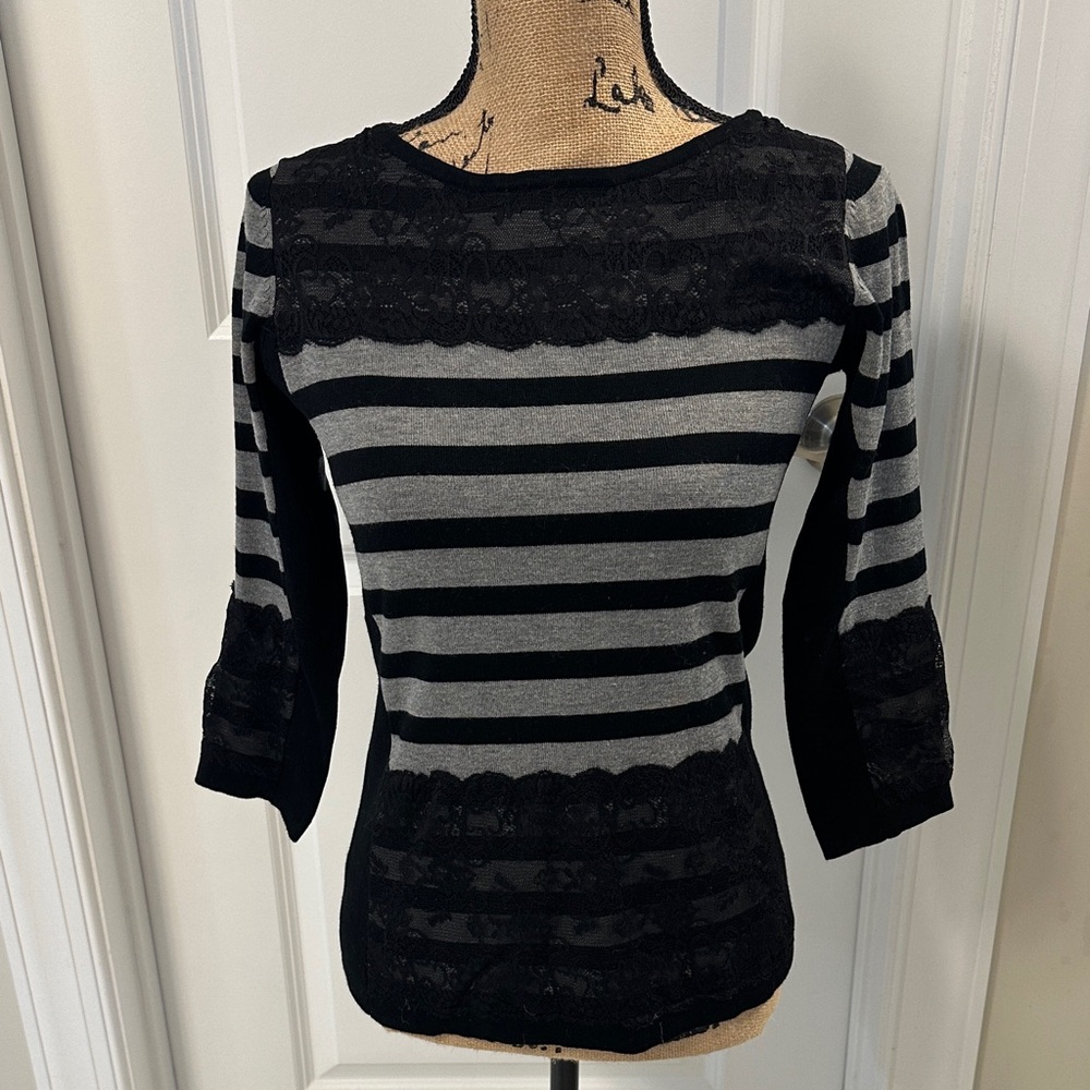 The Limited Black and Gray Lace Striped Long Sleeve Top